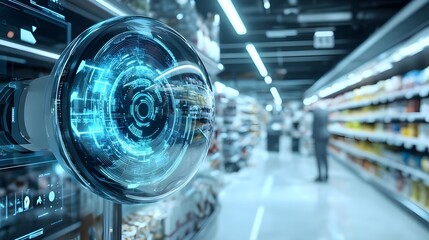 Futuristic robotic assistant scanning grocery aisle in modern supermarket, shoppers in background