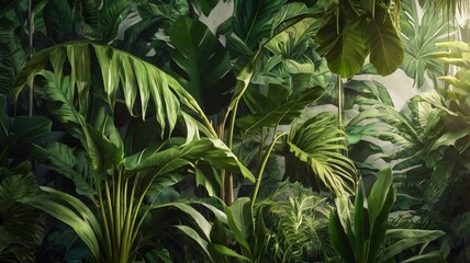 Exotic Tropical Wall with Palm and Banana Leaves