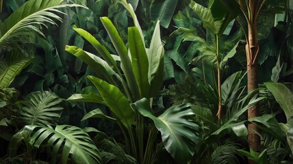 Obraz premium Exotic Tropical Wall with Palm and Banana Leaves