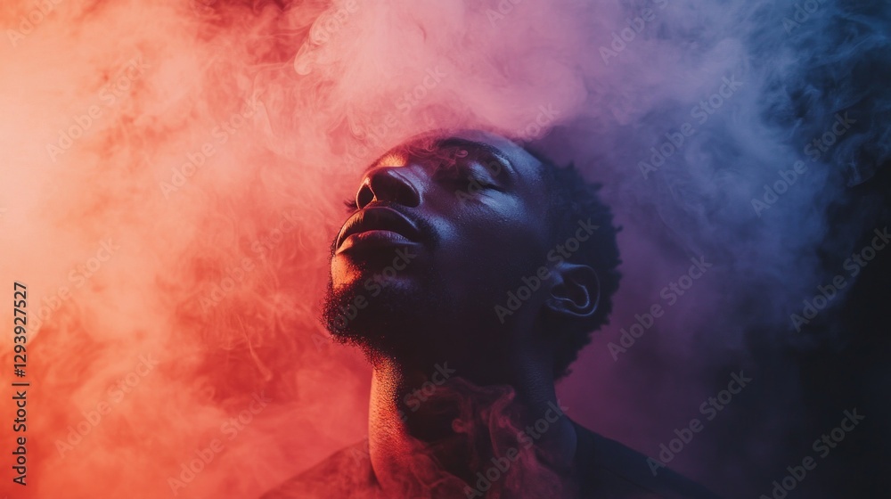 Aufkleber a person stands quietly, immersed in colorful smoke that envelops them. the swirling reds and purple