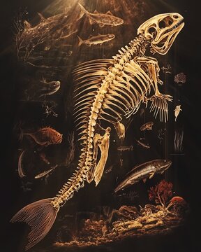 Exquisite diagram of transition from jawless fish to early land based tetrapods comparing skeletal and anatomical structure differences in cinematic clarity in a high contrast illuminated backdrop
