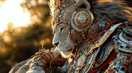 A regal lion wearing opulent armor and ornate headdress is shown