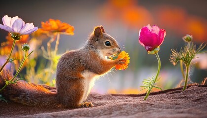 Squirrel Gathering a Blooming Flower amidst Autumn Forest, Vibrant Reds and Yellows in a Serene Woodland Scene, Capturing Whimsical Charm and Natural Beauty.