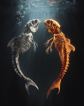 Exquisite diagram of transition from jawless fish to early land based tetrapods comparing skeletal and anatomical structure differences in cinematic clarity in a high contrast illuminated backdrop