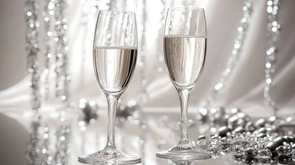 Two champagne flutes with sparkling wine against a blurred silver background suggesting celebration