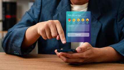 Customer review satisfaction feedback survey concept, Consumers give five stars and critical feedback on online quality, Customer services best excellent business rating experience.