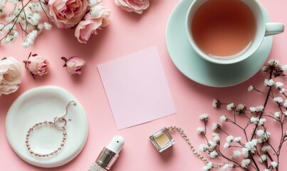 Pink feminine flatlay featuring teacup, perfume, bracelet, jewelry dish, flowers, and blank sticky note, perfect for lifestyle and beauty blogs