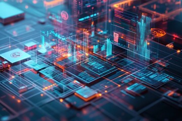 Fototapeta premium Futuristic Technology Network Visualization with 3D Data Structures and Glowing Elements
