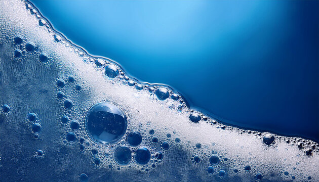 cosmetic foam bubbles on blue background cleanser face wach hair shampoo soap suds texture abstract foamy cleansing product macro