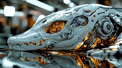 Detailed close up of a futuristic robotic alligator creature