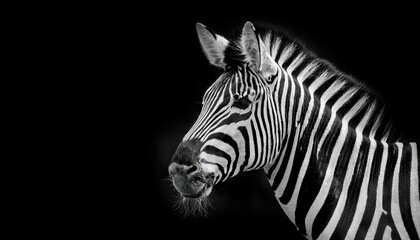 Fototapeta premium Black and White Digital Art Portrayal of a Majestic Zebra Against Dark Backdrop, Emanating Strong Contrast and Dramatic Beauty, Striking Canvas for Artistic Expression.