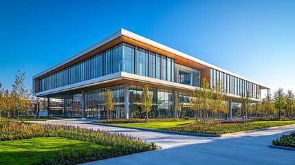 Obraz premium Modern Office Buildings with Glass Facades, Modern office buildings with glass facades under a bright sun, creating a symmetrical urban landscape