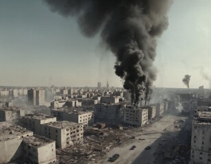 Fototapeta premium impactful aerial view of a war-torn city, showcasing smoke rising from destroyed buildings. This image highlights the stark reality of conflict and its devastating effects on urban life.
