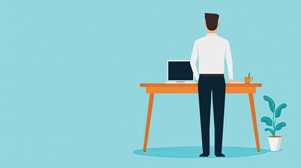 Fototapeta premium Remote work home office communication. A man stands at a desk, working on a computer in a minimalistic office setting.
