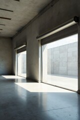 Obraz premium Sunlit Industrial Interior with Large Roll-Up Doors and Concrete Walls