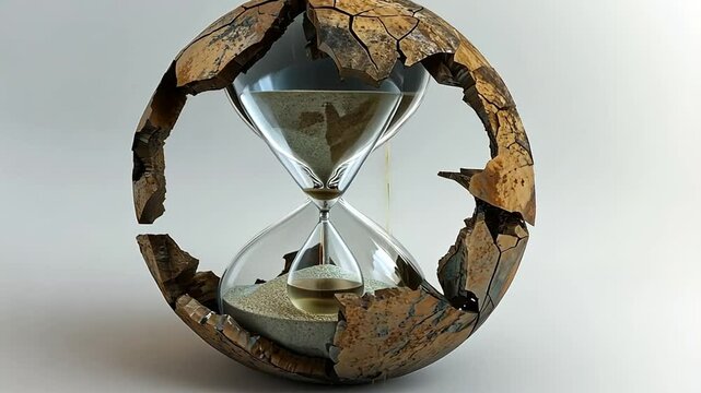 Dramatic hourglass encased in shattered sphere symbolizes finite time concept