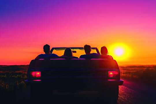 Silhouetted friends enjoy a scenic sunset drive in a convertible car.