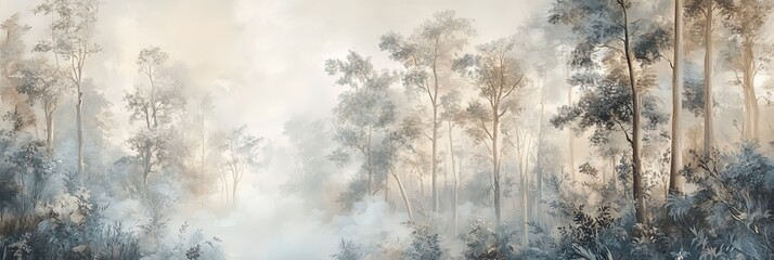 Mystical Forest Wallpaper, Hand-Painted Trees in Soft Scandinavian Style