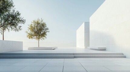 Obraz premium Modern Minimalist Architecture with Trees and Clear Blue Sky