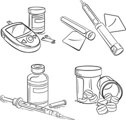 Diabetes Treatment Pen and Ink Sketches Set On Transparent Background