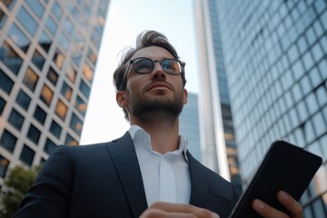 A well-dressed businessman stands confidently in a city, looking up thoughtfully while holding a tablet, representing aspiration and corporate success in a modern environment.
