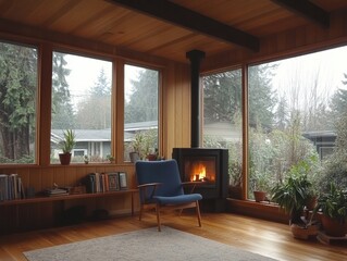 Fototapeta premium Cozy Living Room Interior with Fireplace and View of Nature through Large Windows Creating a Warm Ambience