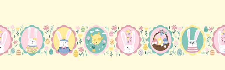 Fun hand drawn Easter seamless pattern, vintage style bunnies in cute frames, great for textiles, banners, wallpapers - vector design