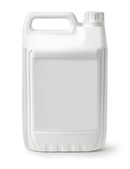 White plastic jerrycan container with blank label for detergent or chemicals