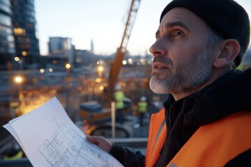A foreman observes the ongoing work at a construction site, carefully reviewing plans to ensure the project adheres to design specifications and safety standards.