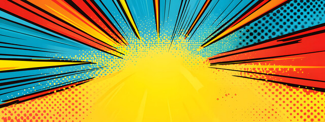 Fototapeta premium Comic book background with three rays of different colors: blue, red, and yellow 