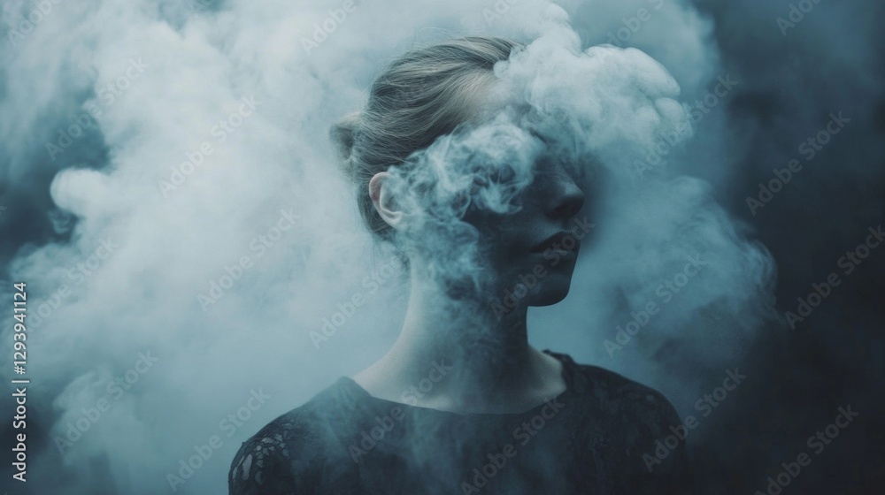 Poster a young woman is enveloped in billowing smoke, her features obscured and creating an aura of intrigu