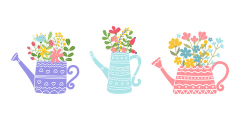 Hand drawn bouquets of flowers in watering can. Garden watering cans with beautiful spring flowers. Colored doodles Cottagecore for nursery, scrapbooking, poster, greeting card, stickers, flower shop