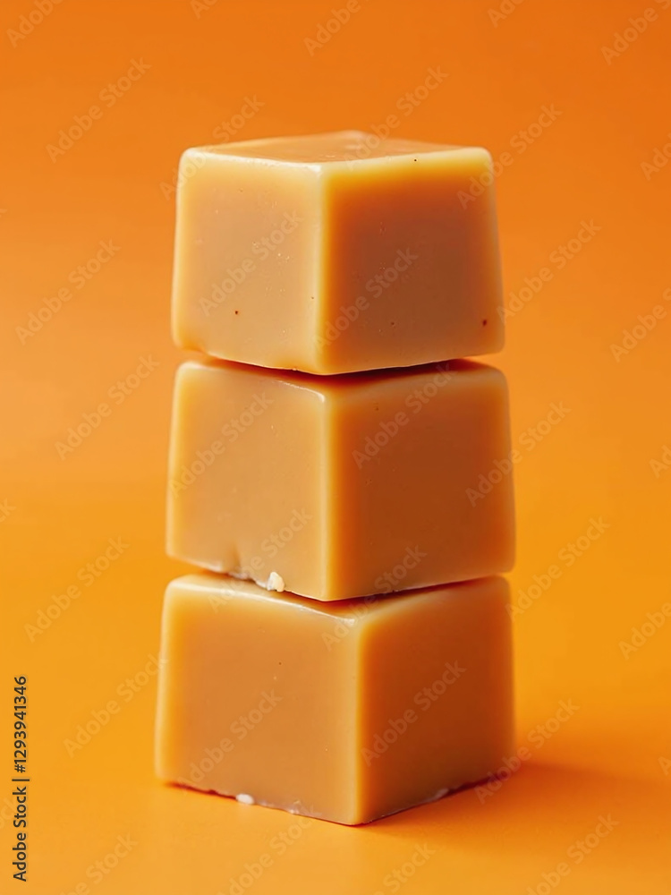 Poster Three Caramel Cubes Are Stacked Vertically On A Vibrant Orange Background Creating A Colorful And Visually Appealing Treat Arrangement.
