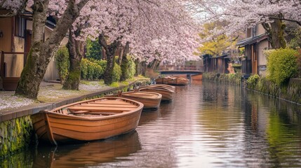 Japanese Canal with Cherry Blossoms and Wooden Boats - Springtime Serenity