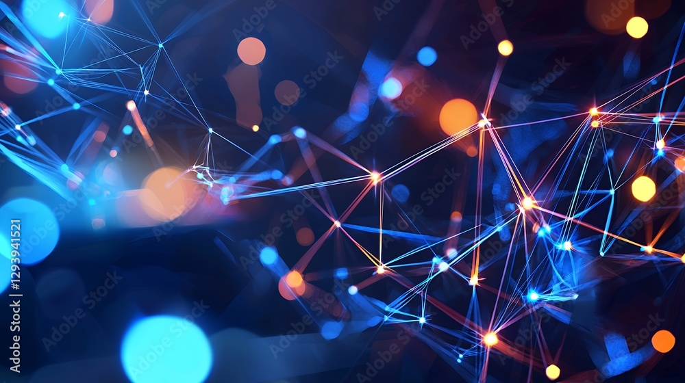 Poster abstract network background with interconnected lines and glowing points in blue and orange