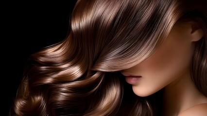 Obraz premium A close-up of a woman's profile with long, wavy, shiny hair partially covering her face against a black background. Concept Close-Up Profile, Shiny Wavy Hair, Black Background, Artistic Portrait