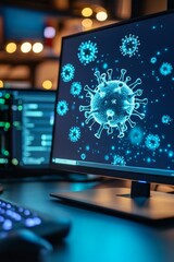 Obraz premium Computer screen displays virus cell structure data.