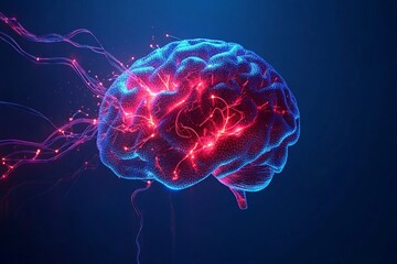 A luminous digital brain sculpted from translucent glass, intertwined with vivid neon energy threads, creating a futuristic and vibrant visual concept.

