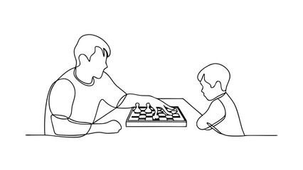 A continuous line drawing depicts a father teaching his young son how to play chess. They are seated at a table, focused on the game.