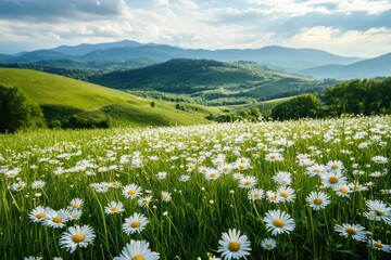 Fototapeta premium Picturesque summer landscape showcasing a colorful daisy meadow surrounded by rolling green hills, ideal for nature enthusiasts and those seeking serene outdoor vistas