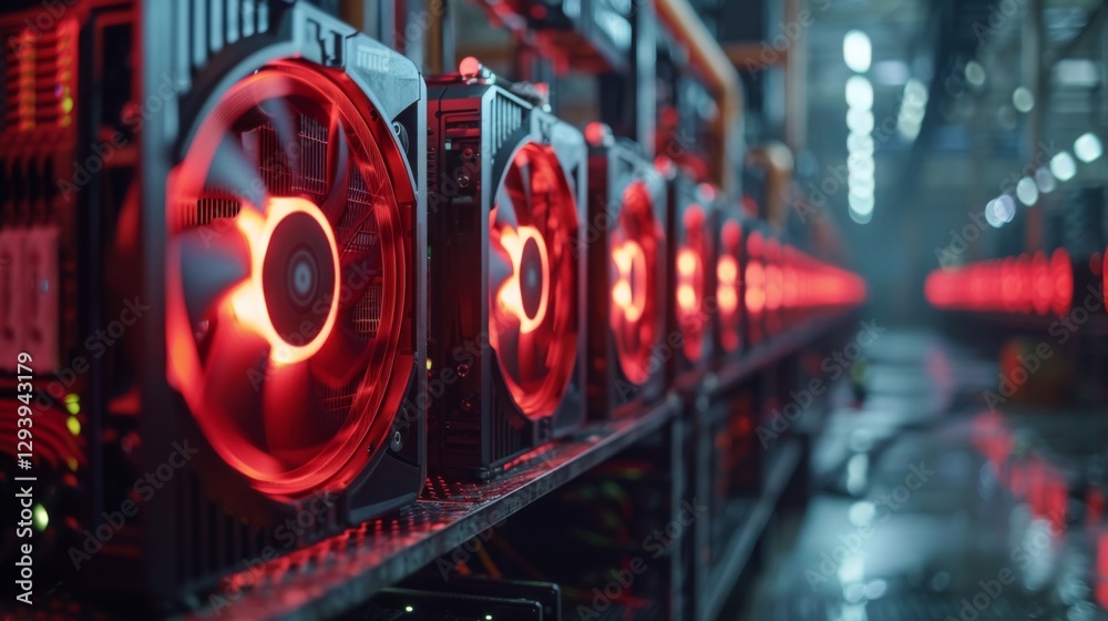 Poster Multiple computers with red lighting are actively working in a cryptocurrency mining facility, showcasing an organized, high tech setup in a dimly lit environment.