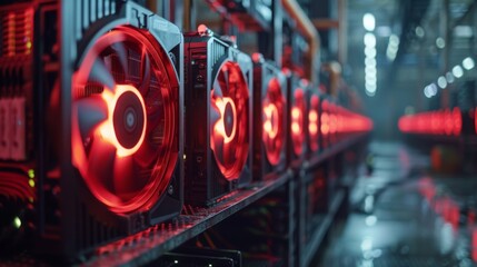 Multiple computers with red lighting are actively working in a cryptocurrency mining facility, showcasing an organized, high tech setup in a dimly lit environment.