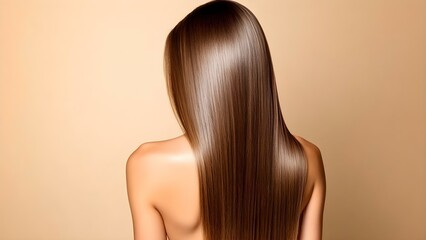 Fototapeta premium A person with long, smooth, straight hair viewed from the back against a neutral background. Concept Long Straight Hair, Back View Portrait, Smooth Hair Texture, Neutral Background, Hair Photography