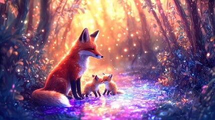 A fox and two kits sit beside a shimmering stream, illuminated by a magical forest glow, creating a serene and enchanting scene.