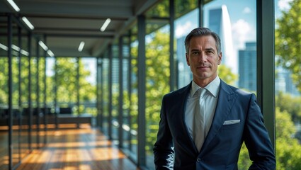 A professional dressed in a tailored suit poses in a bright office featuring large windows that overlook lush trees
