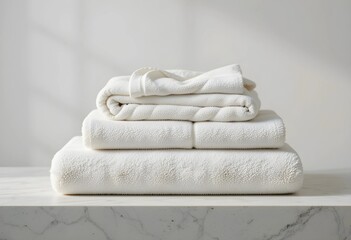 A stack of folded towels in neutral tones on a clean surface. Soft fabric with visible texture, neatly arranged for a minimalist and cozy look. Perfect for wellness, home, and spa themes.
