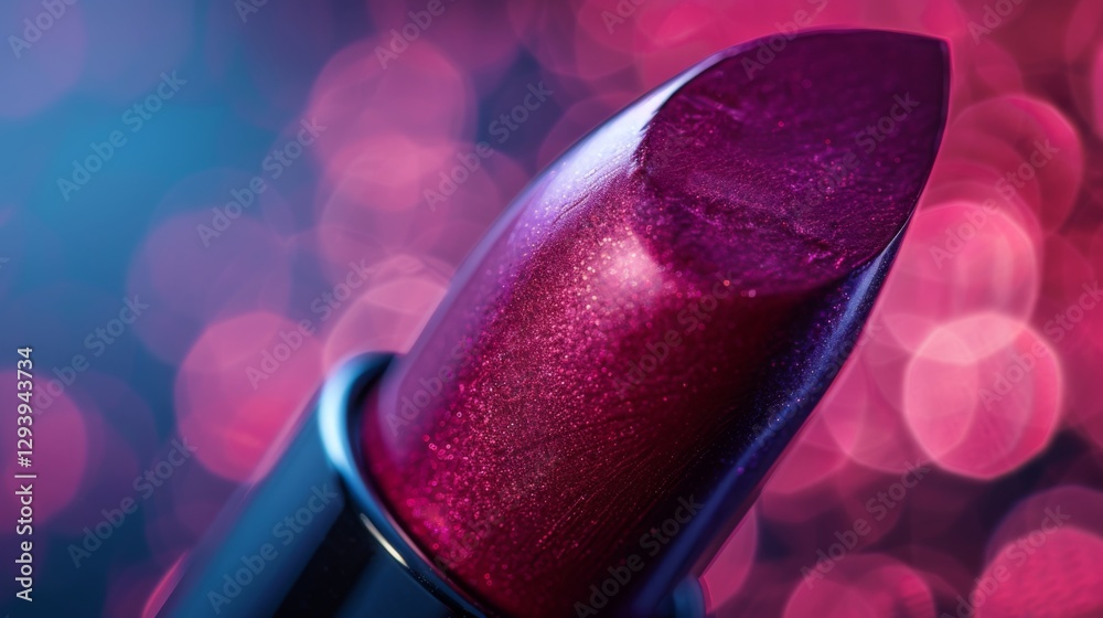 Poster a close up showcases a bold lipstick in rich burgundy hue with a shiny texture, set against a blurre
