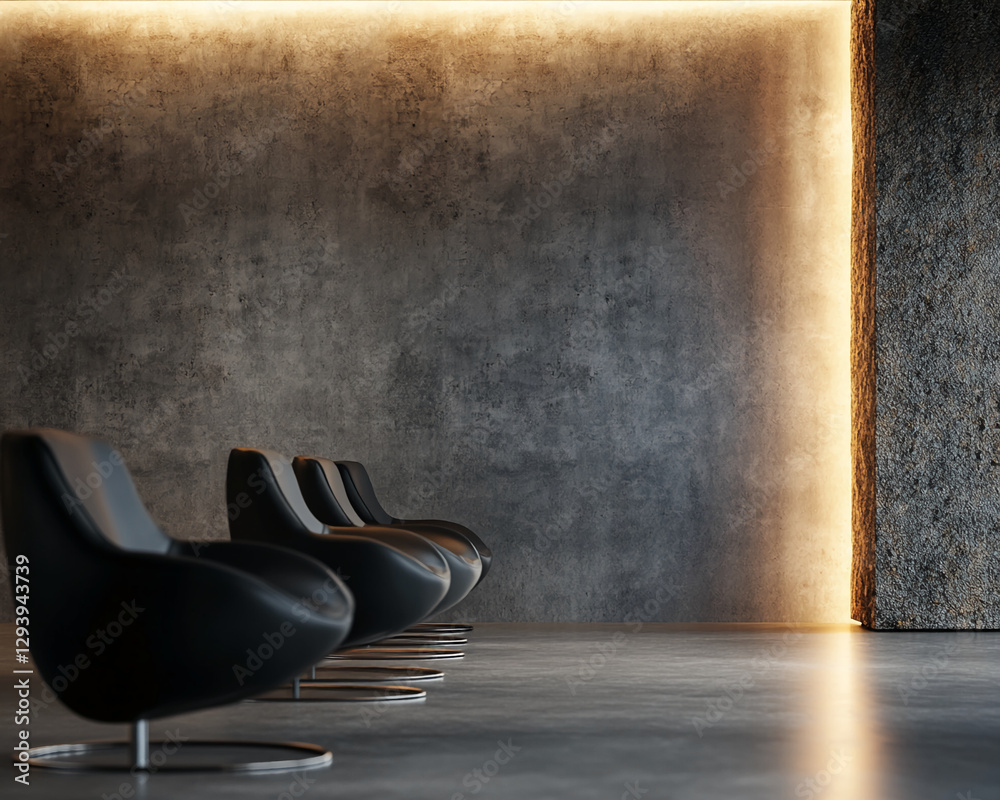 Poster a modern and minimalist interior with five sleek black chairs placed in a row against a textured con