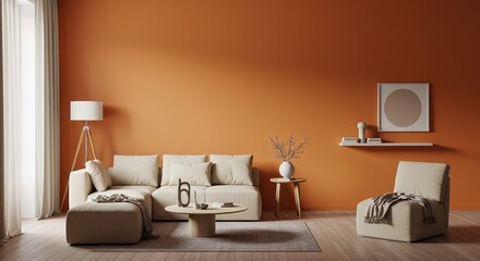 Beige sectional sofa and armchair in a living room with orange walls. Wooden coffee table, floor lamp, and simple decor. Minimalist and cozy atmosphere.