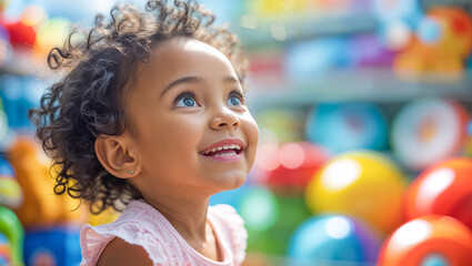 Fototapeta premium portrait little happy african american girl in toy store